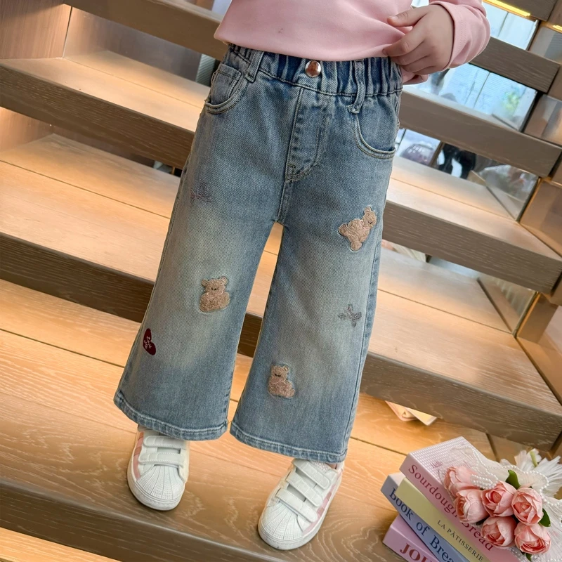 女童阔腿牛仔裤洋气2025春秋装新款女宝宝休闲直筒裤子小女孩时髦