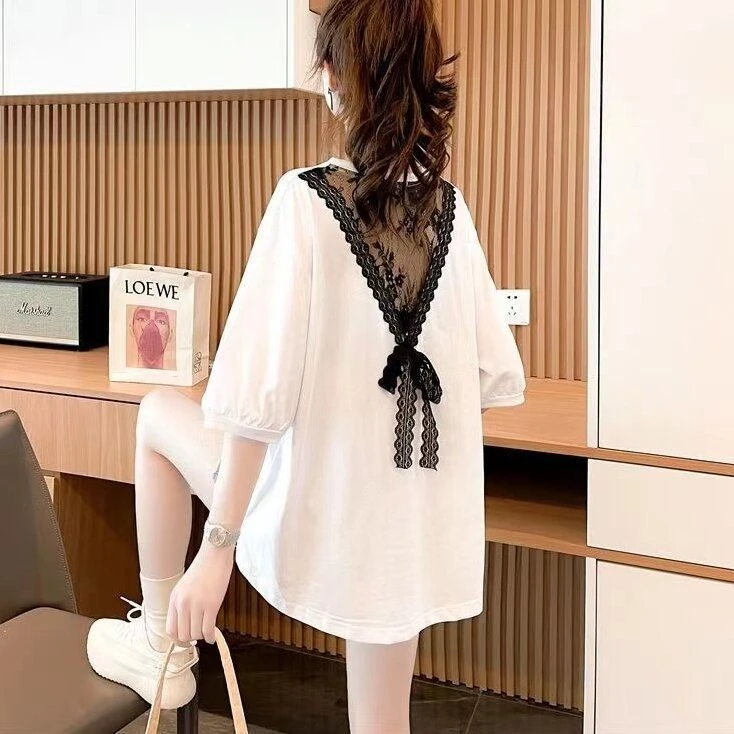 蝴蝶结镂空时尚设计感小心机时尚潮流纯棉短袖体恤女夏季韩版大版