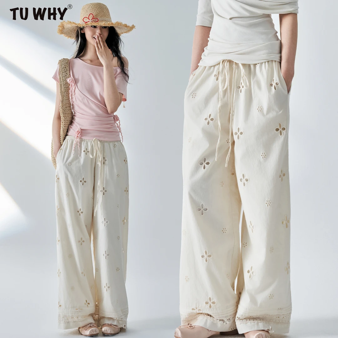 TUWHY【夏新品】“夏日蝉翼”欧若风镂空绣花度假抽绳秀休闲长裤