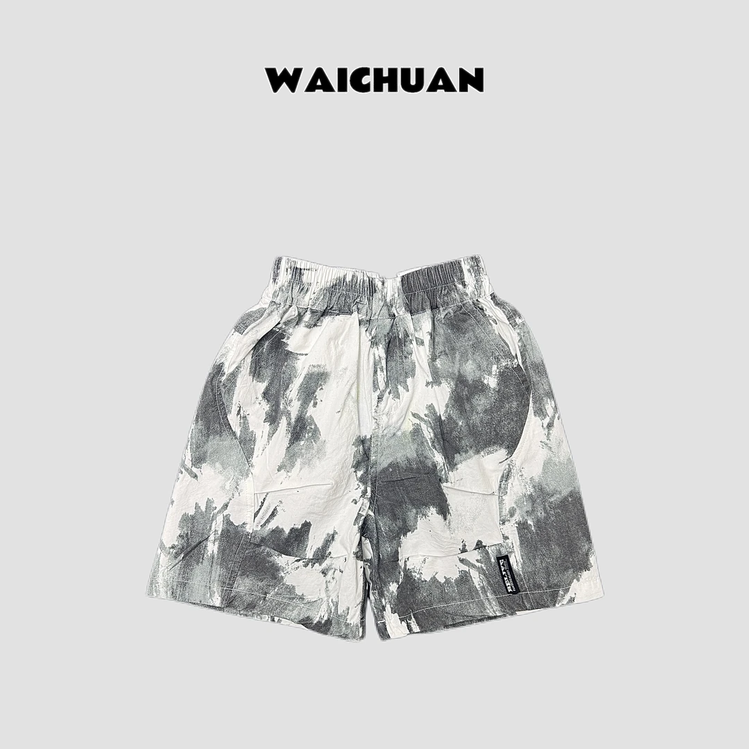 2025夏季儿童品牌全棉满印弧形褶皱休闲短裤宽松童装印花裤子时尚