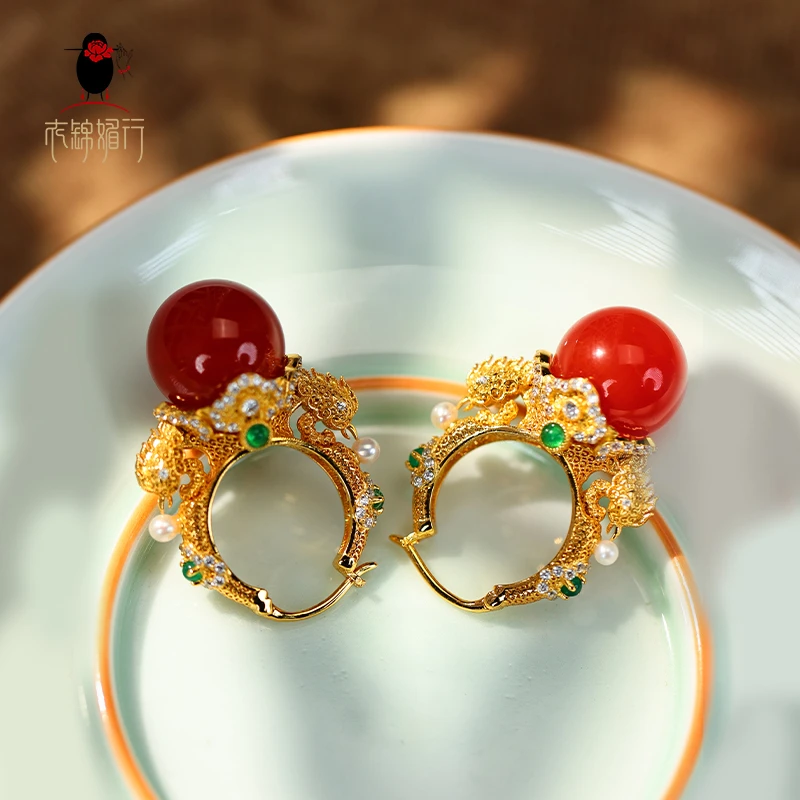 衣锦媚行 925银镀金凤凰衔珠红玛瑙耳环中式轻奢