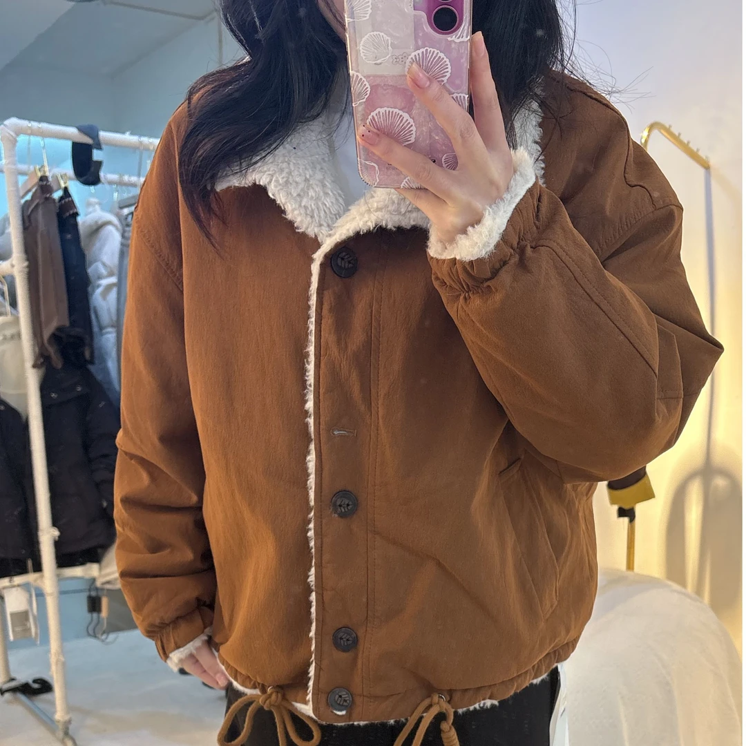 2025冬季新款美拉德复古小个子皮毛一体外套加绒加厚秋冬女ww外套