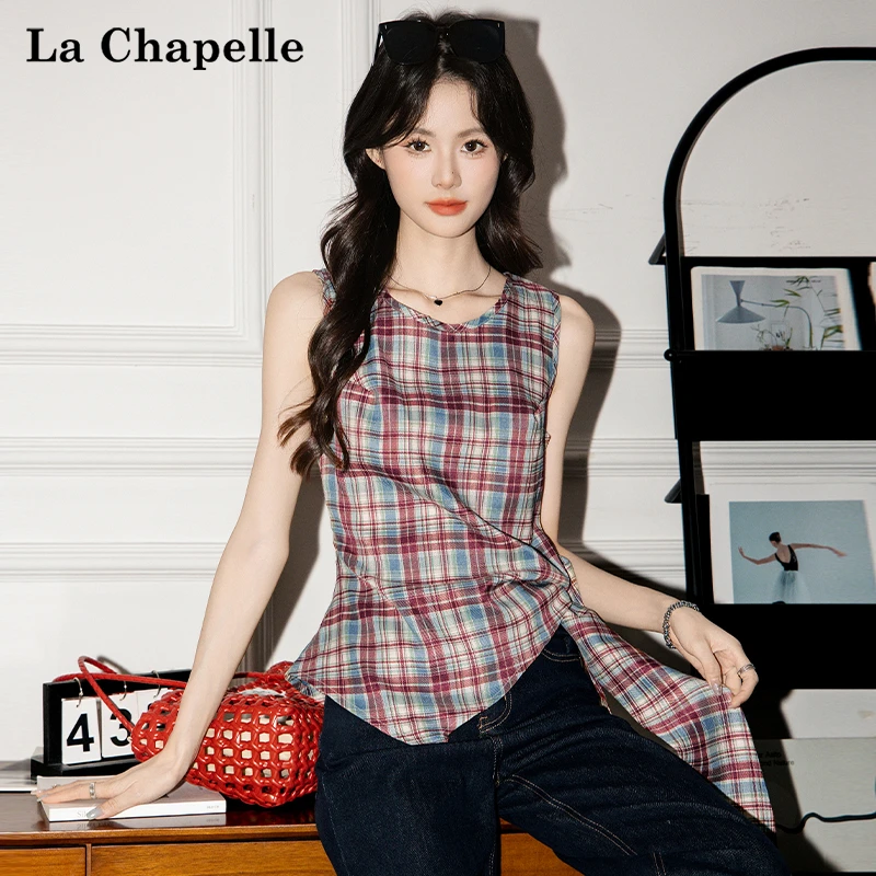 拉夏贝尔不规则格纹背心女2025年夏季设计感复古减龄百搭无袖上衣
