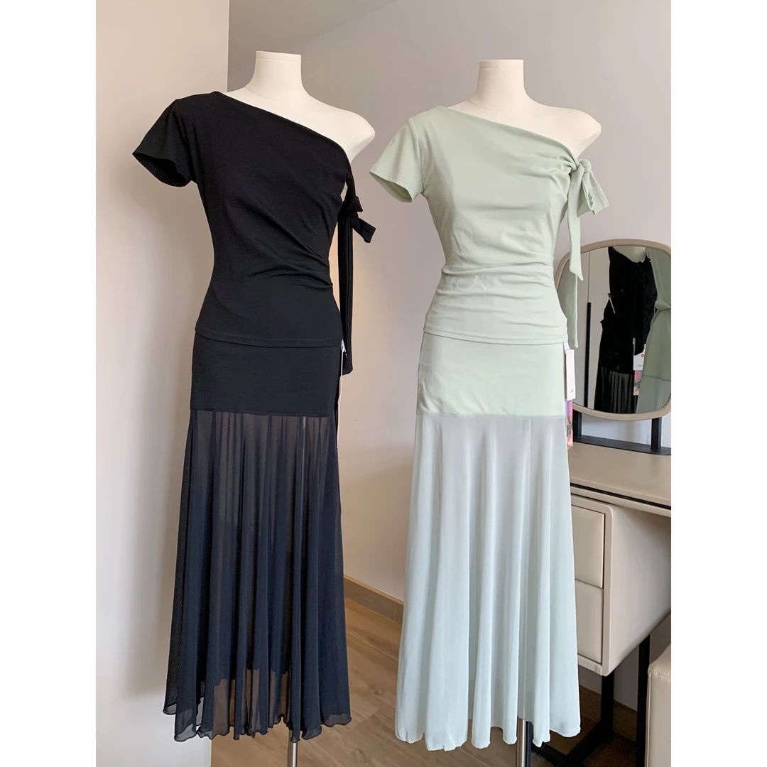 小众斜肩收腰网纱鱼尾裙两件套女夏季法式高级感气质显瘦露肩长裙