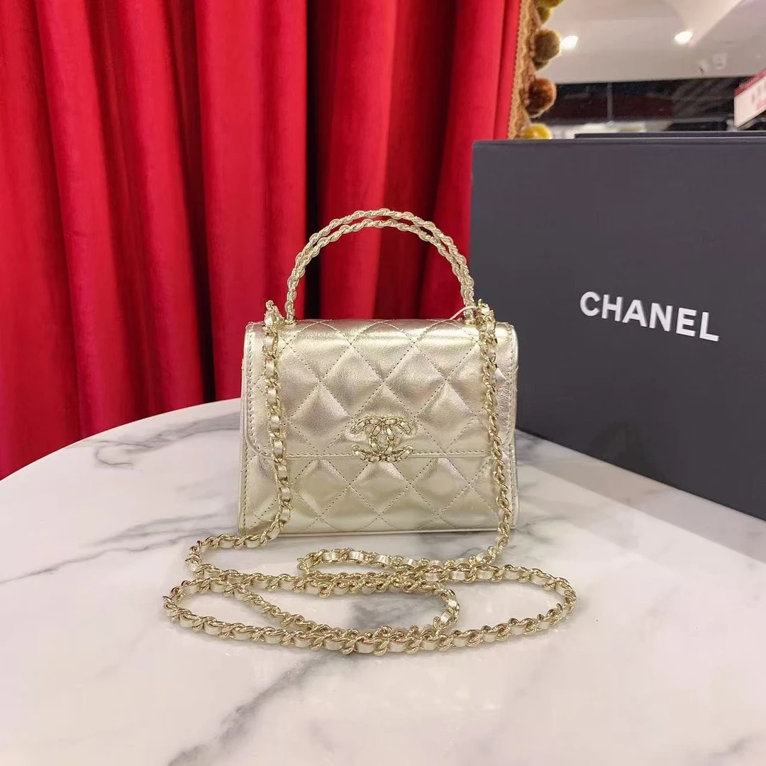 99新 Chanel/香奈儿 25s kelly中号香槟金金扣单肩包10795030