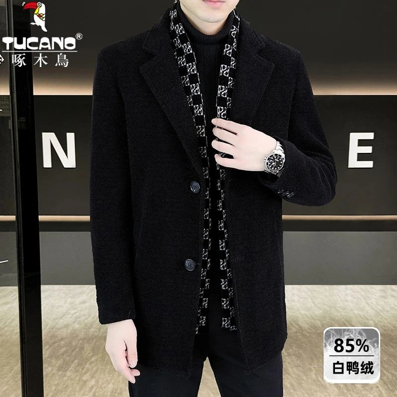 TUCANO/啄木鳥【羽绒围巾大衣】冬季设计感高端条纹风衣男士中长款