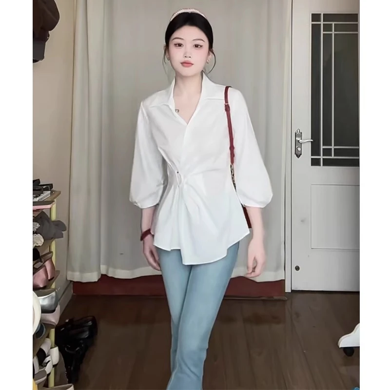 2025春季新款法式白色v领长袖衬衫女设计感收腰衬衣独特绝美上衣