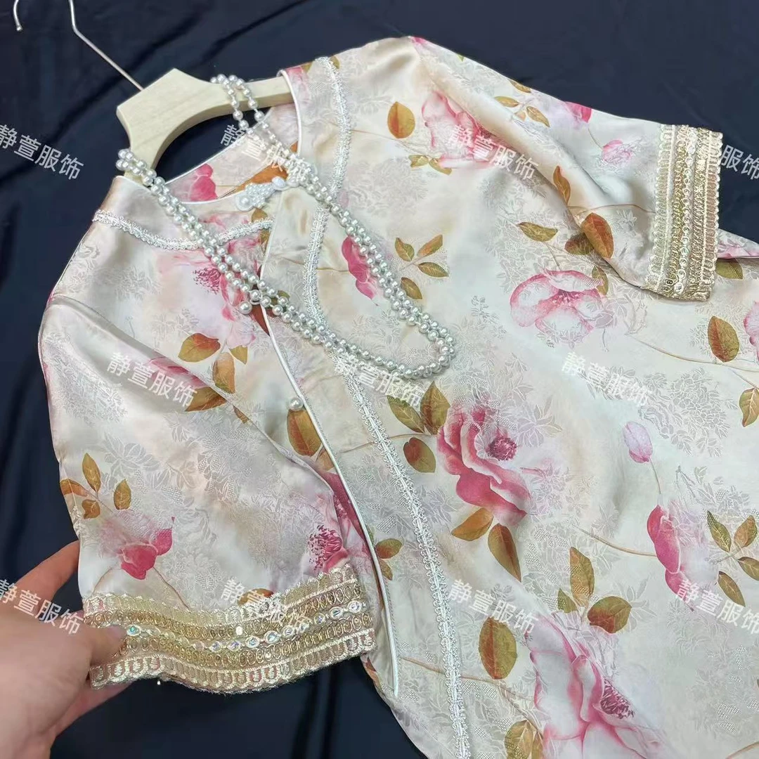 3225-碎花提花长袖汉服H型连衣裙公主长裙时尚大气连衣裙