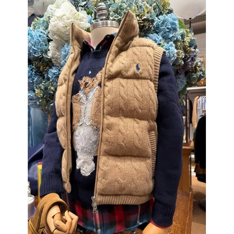 【羊毛羽绒马甲】小马刺绣开衫立领女无袖绞花针织毛衣马夹外套