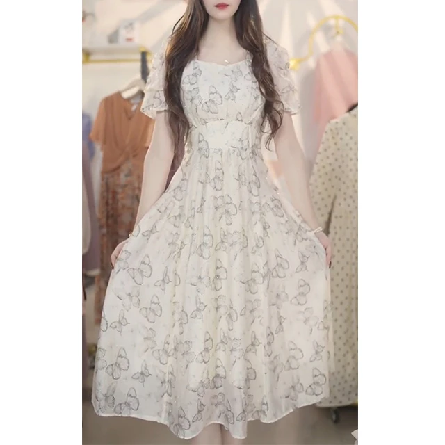 L7247短袖连衣裙女2025新款夏季收腰气质女神范高级感碎花裙子