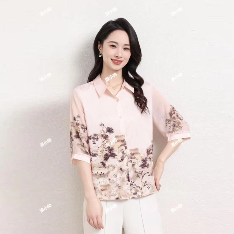 307时尚妈妈女装显瘦百搭印花短袖复古女士衬衫