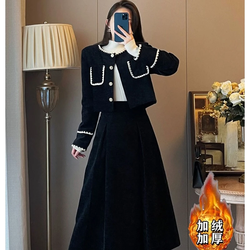 （80-200斤）2024冬季新款加绒小香风套装新款赫本风黑色套装裙1403