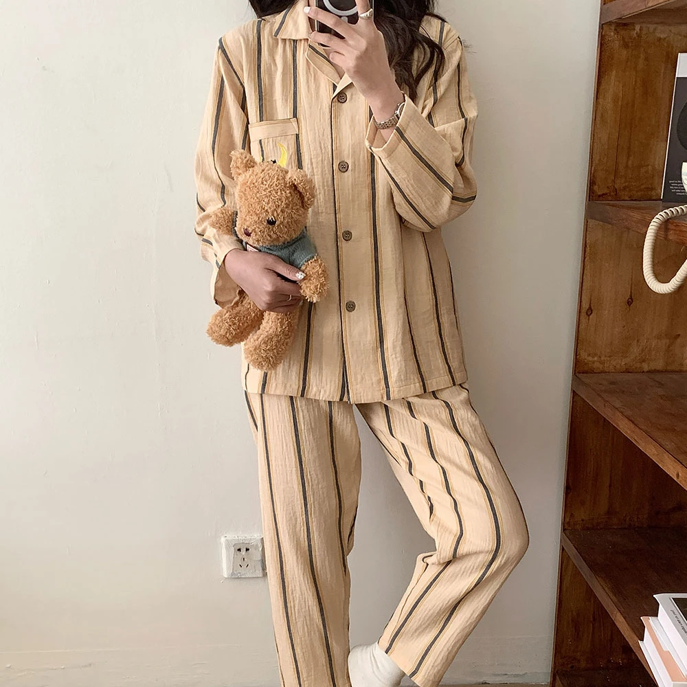 【月亮黑咪】全棉双层纱长袖长裤套装温柔色系100%纯棉家居服睡衣
