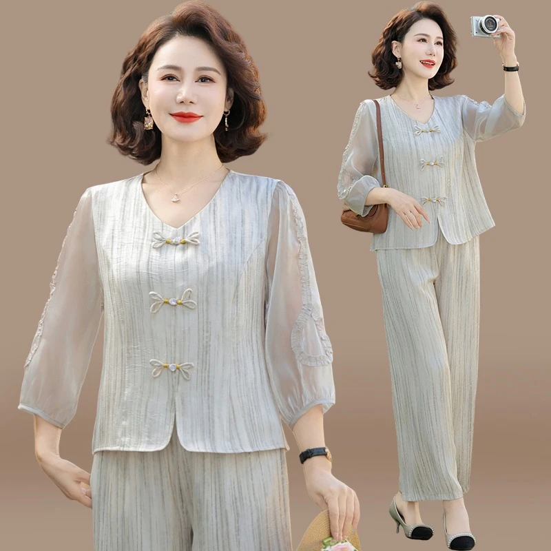时尚中年妈妈夏装新中式套装中老年女夏季洋气小衫两件套2025新款