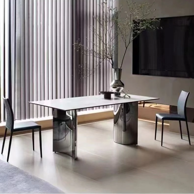 新款不锈钢岩板餐桌镜面月牙款极简轻奢超现代家用饭桌长方形高档