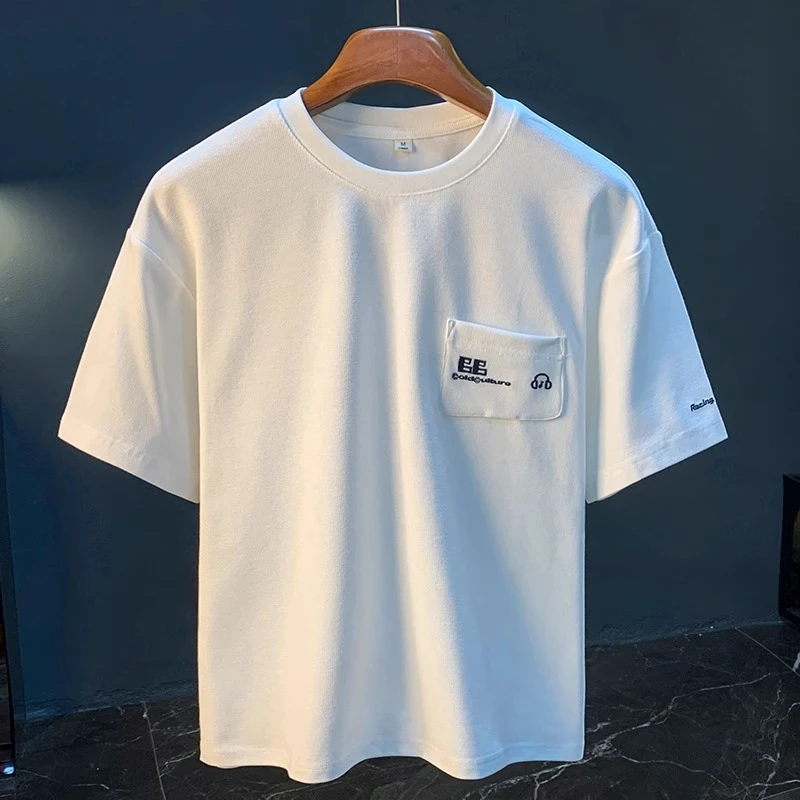 夏季短袖男T恤2025夏季薄款玉米格透气舒适汗衫刺绣宽松弹力体恤