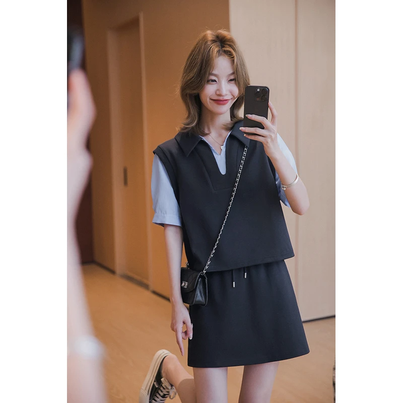 小谷粒假两件短袖衬衫女2025年夏季新款气质时尚通勤高弹短款上衣