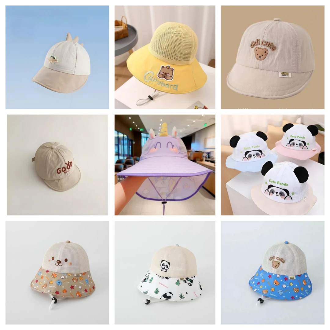 夏季可爱薄款男童女童空顶风扇儿童帽大檐防晒遮阳帽子披肩帽凉帽