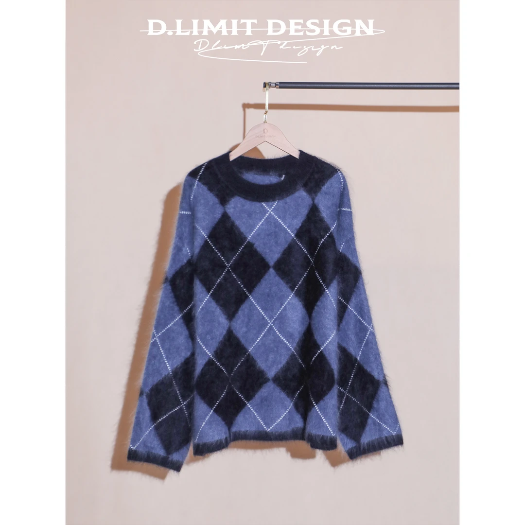 【D.Limit design】335G全羊绒拉绒菱格撞色圆领套头衫DLDQ846