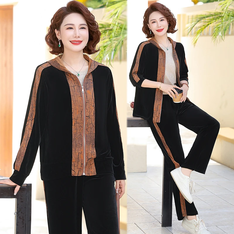 时尚妈妈装春秋季休闲运动套装中年人气质大码宽松洋气丝绒两件套