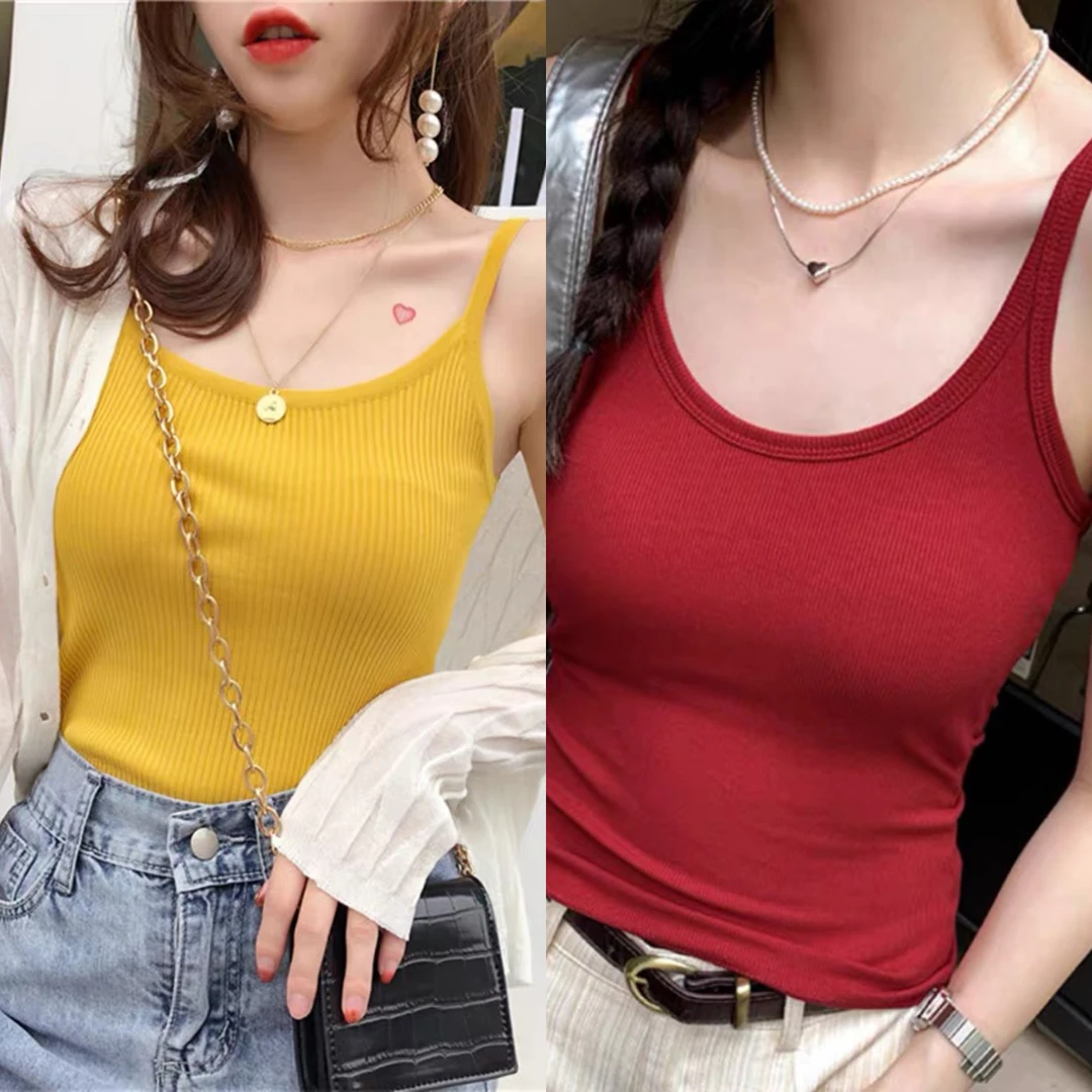 一亩地品牌 女红黄细带针织背心女内搭外穿高弹（四季款）2301