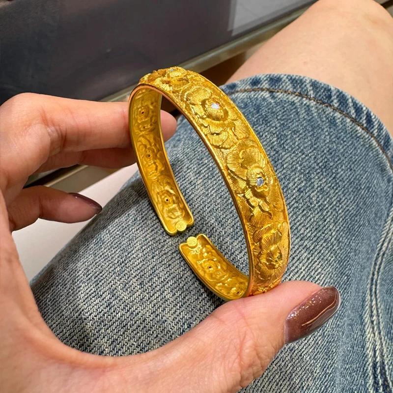 铜合金手镯 镀金镶嵌牡丹金镯手环女高级感宽版开口镯子时尚饰品