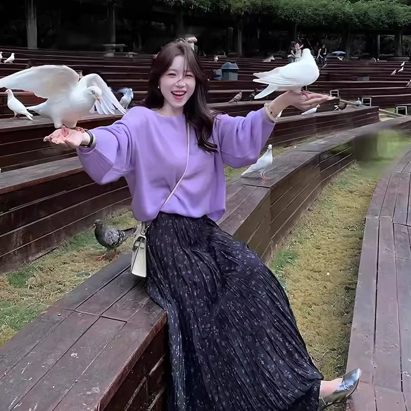 一整套ootd穿搭套装小个子紫色上衣碎花半身裙韩系chic别致两件套