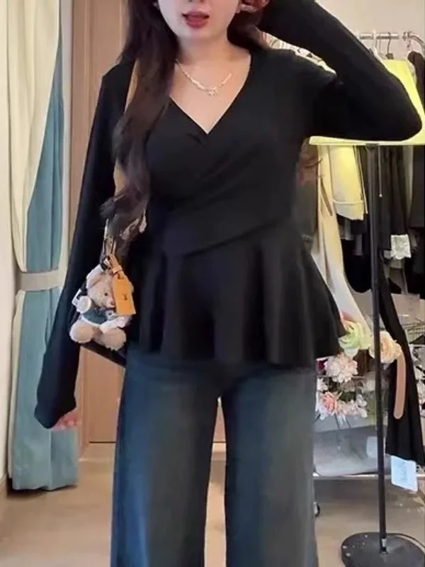 大码黑色v领打底衫长袖女早春胖mm遮肚子藏肉显瘦纯欲上衣可外穿