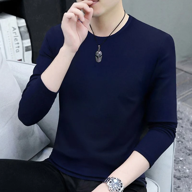 2025新款长恤男士春秋季纯色简约百搭舒适圆领打底衫时尚印花长袖