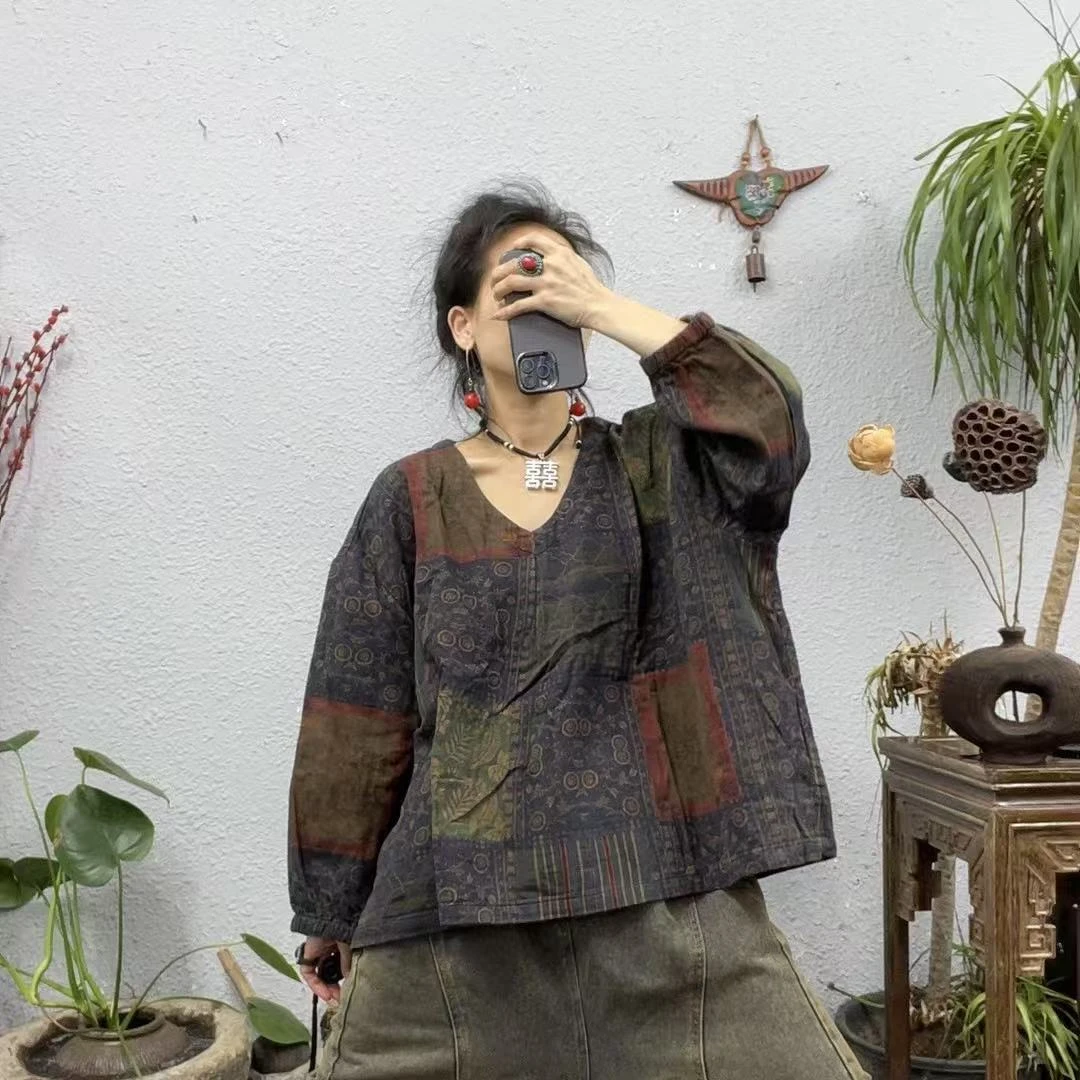 291蓝格复合色织麻V领长袖上衣（前59后64胸围160