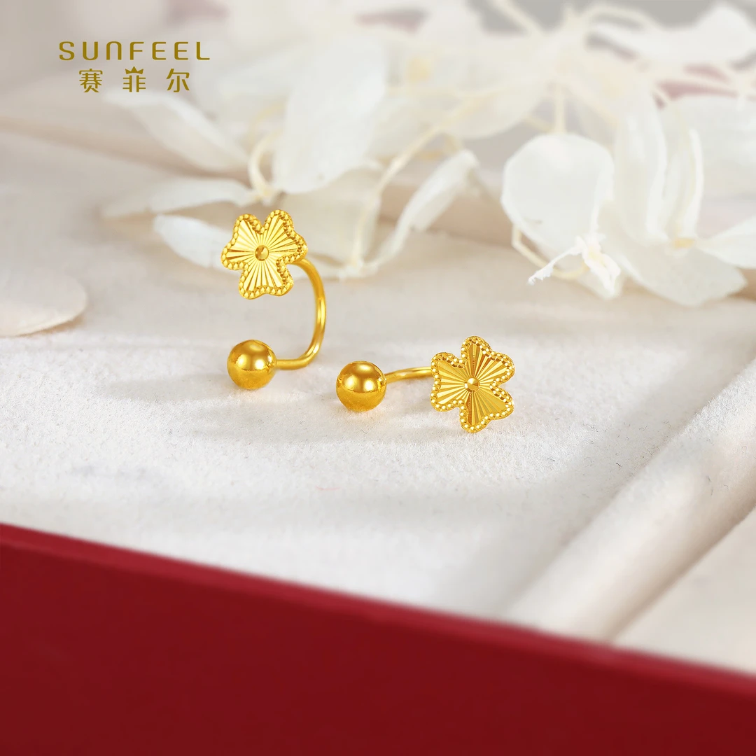 SUNFEEL/赛菲尔【七店】足金5G时尚幸运草U型耳钉5GE00384-1