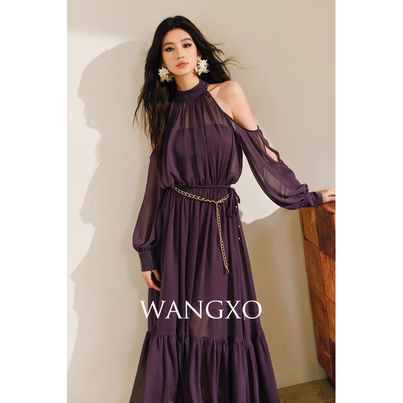 WANGXO 削肩挂脖收腰大摆两件套连衣裙 250085W