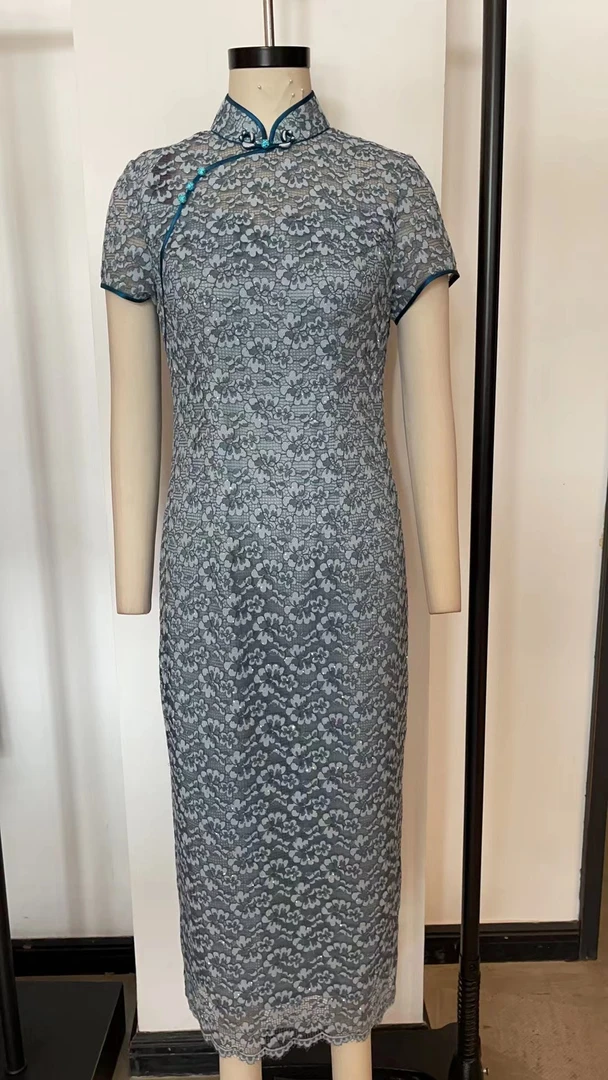 凤禧2025年春夏新款蕾丝灰蓝色日常高端气质旗袍