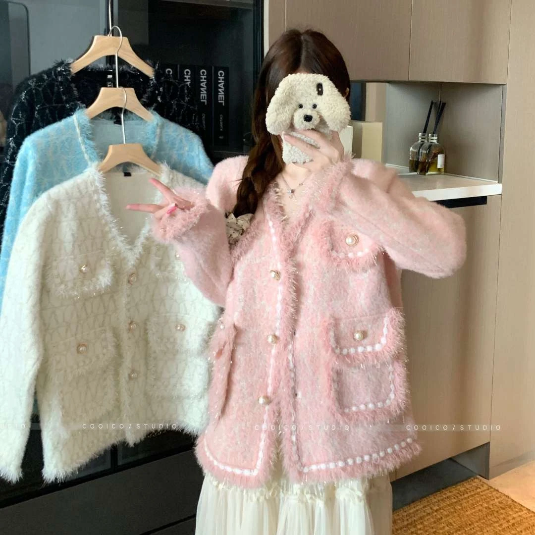 【千金感粉色小香风外套】大码女装秋冬胖mm仿水貂绒针织V领开衫