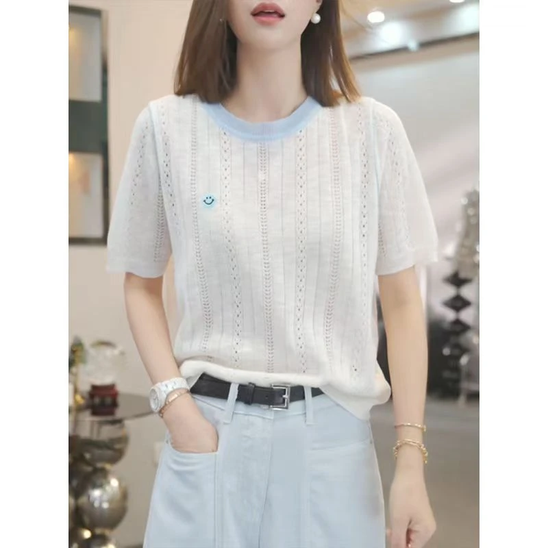 夏季针织t恤上衣100短袖新款女士女款冰丝针织冰丝镂空遮独特小衫
