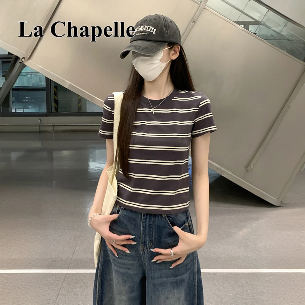 拉夏贝尔夏季打底韩版撞色复古条纹正肩百搭常规收腰短袖T恤上衣