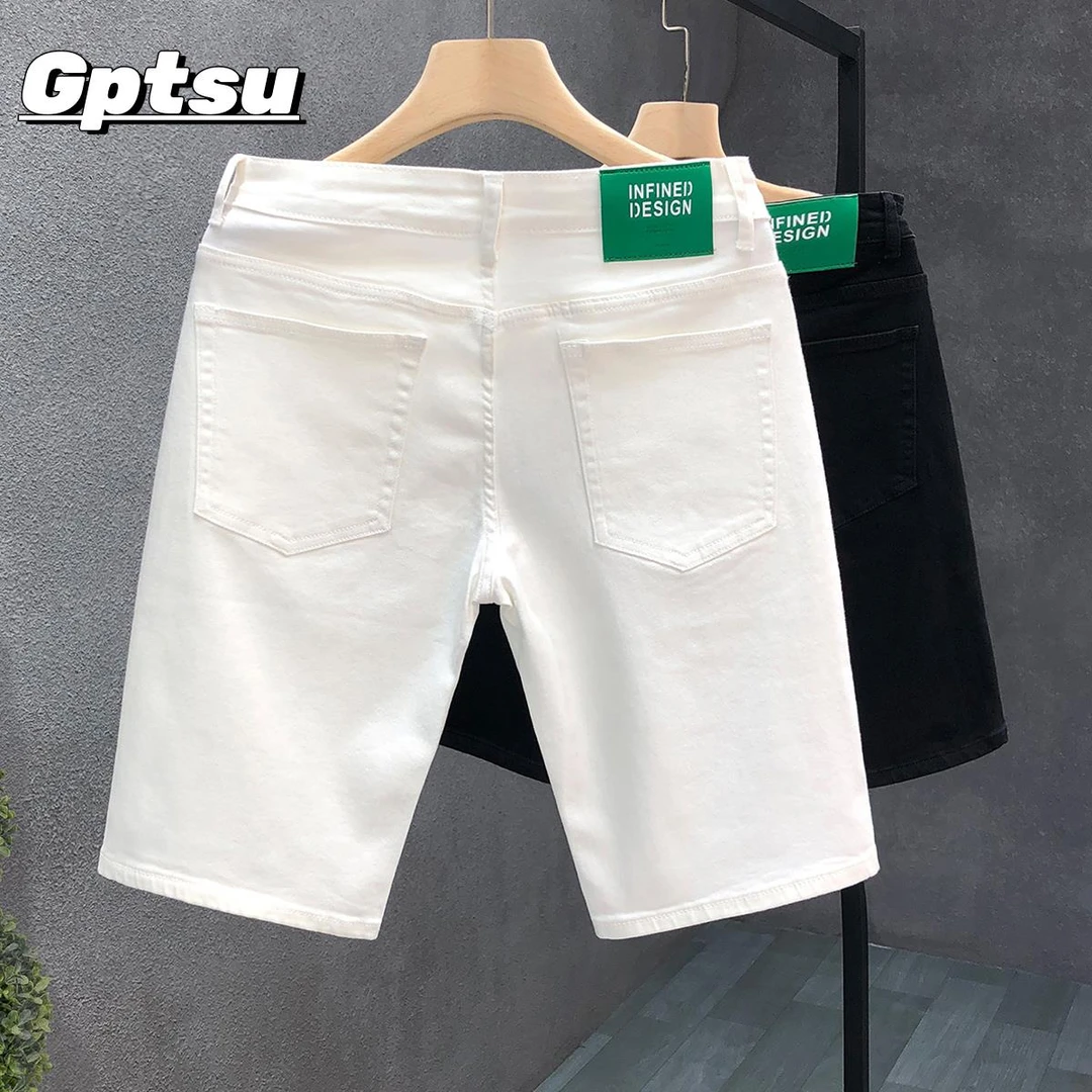 GPTSu时尚高端白色牛仔短裤潮牌简约纯色修身裤子男士夏季五分裤