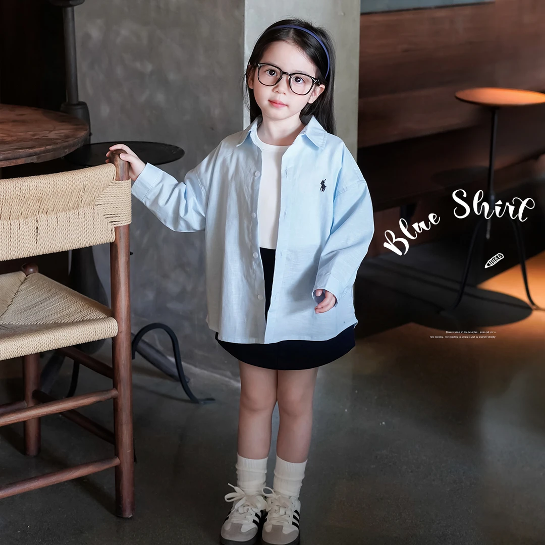 AnnieGirl春季新款蓝色刺绣衬衫长袖2025女童休闲百搭亚麻衬衣