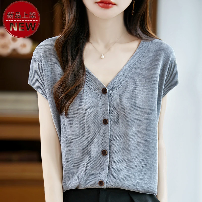 2025夏季新款时尚V领纯色小飞袖气质宽松百搭纯色休闲针织开衫女