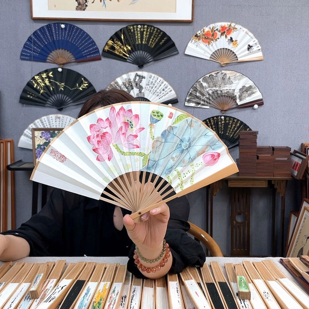 国画6寸玉竹-纯手绘-文玩扇骨（默认粘好）