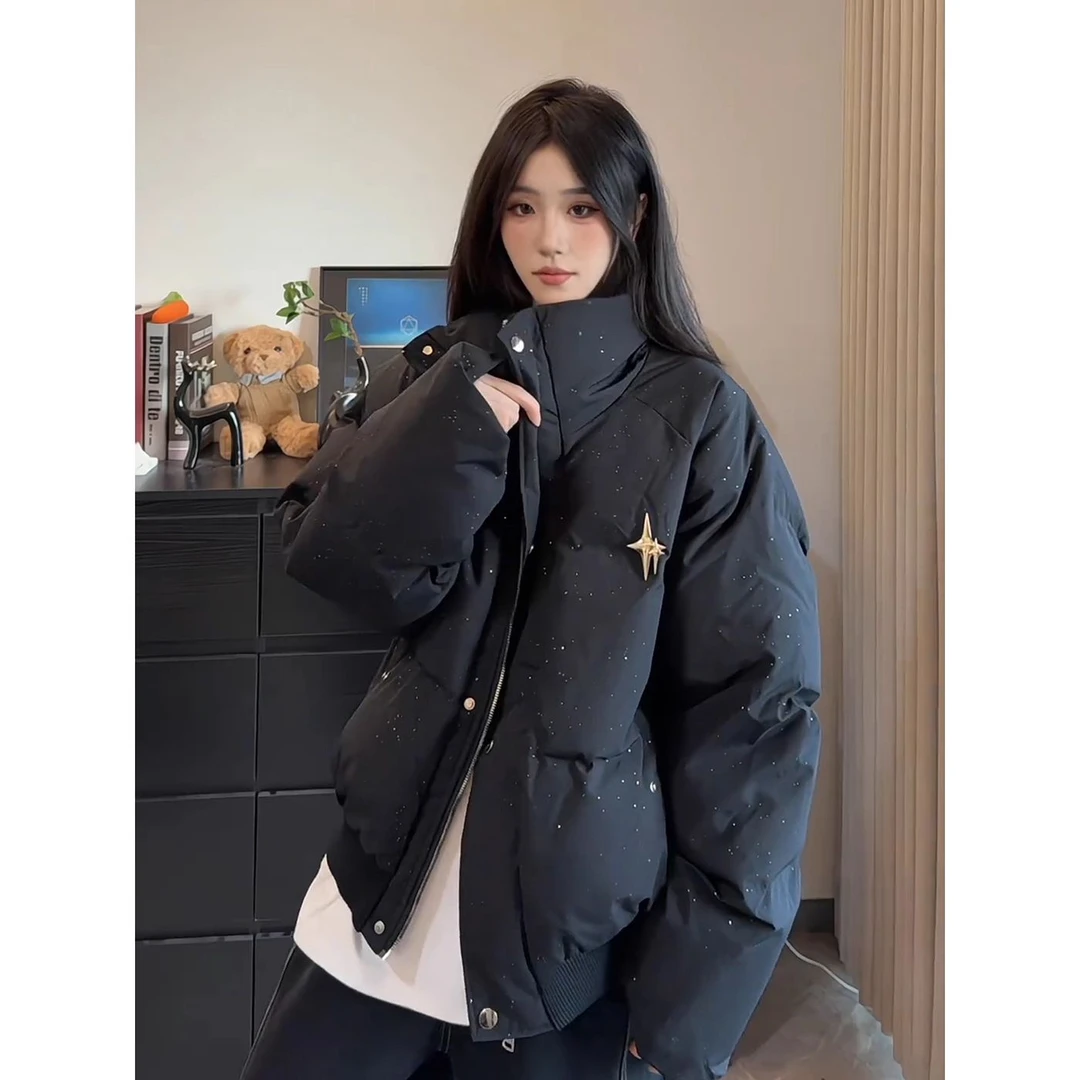 黑色满天星羽绒棉服男女冬季加厚立领面包服美式高街九江棉衣外套