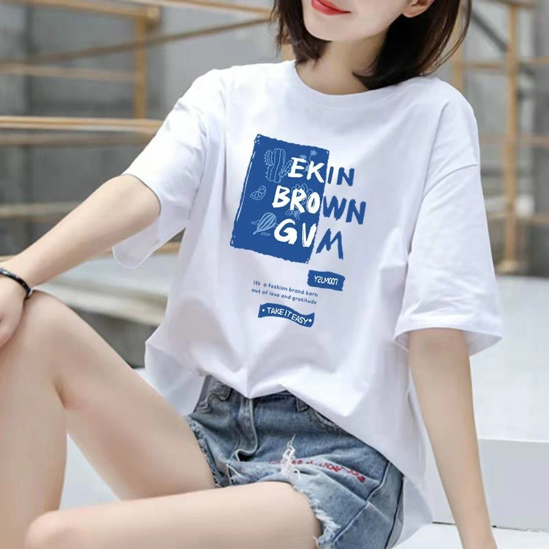 棉质T恤女夏宽松短袖休闲运动圆领正肩上衣印花韩版体恤衫