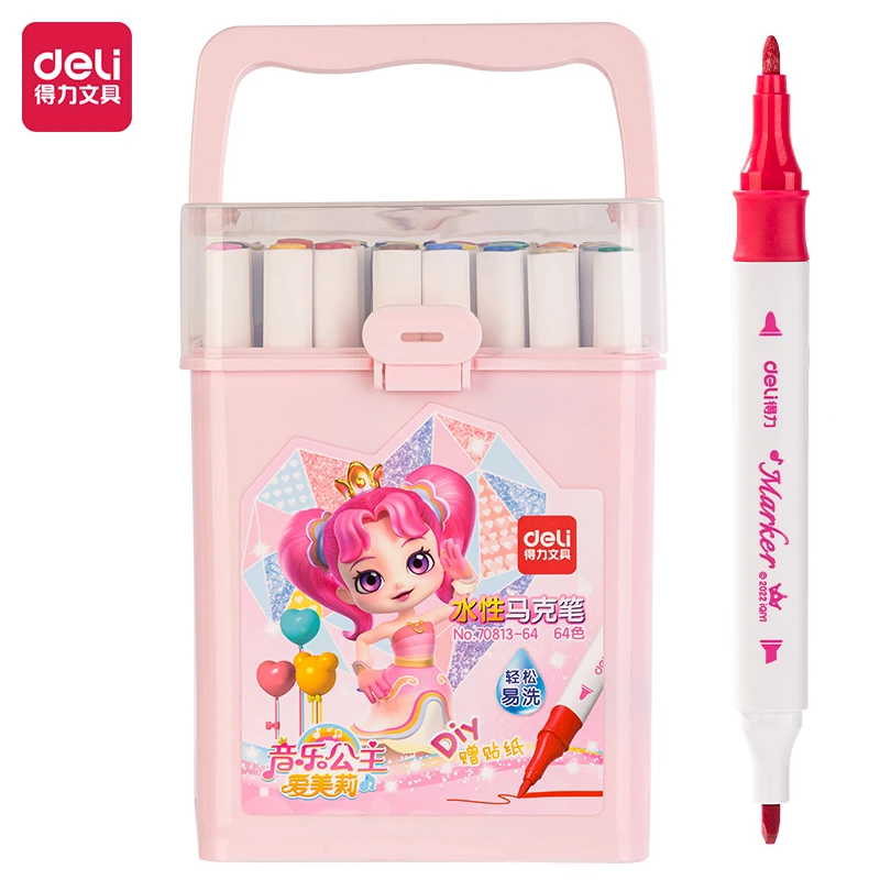 Deli/得力70813-64色爱美莉易洗水性三角杆马克笔(混)(64色/筒)