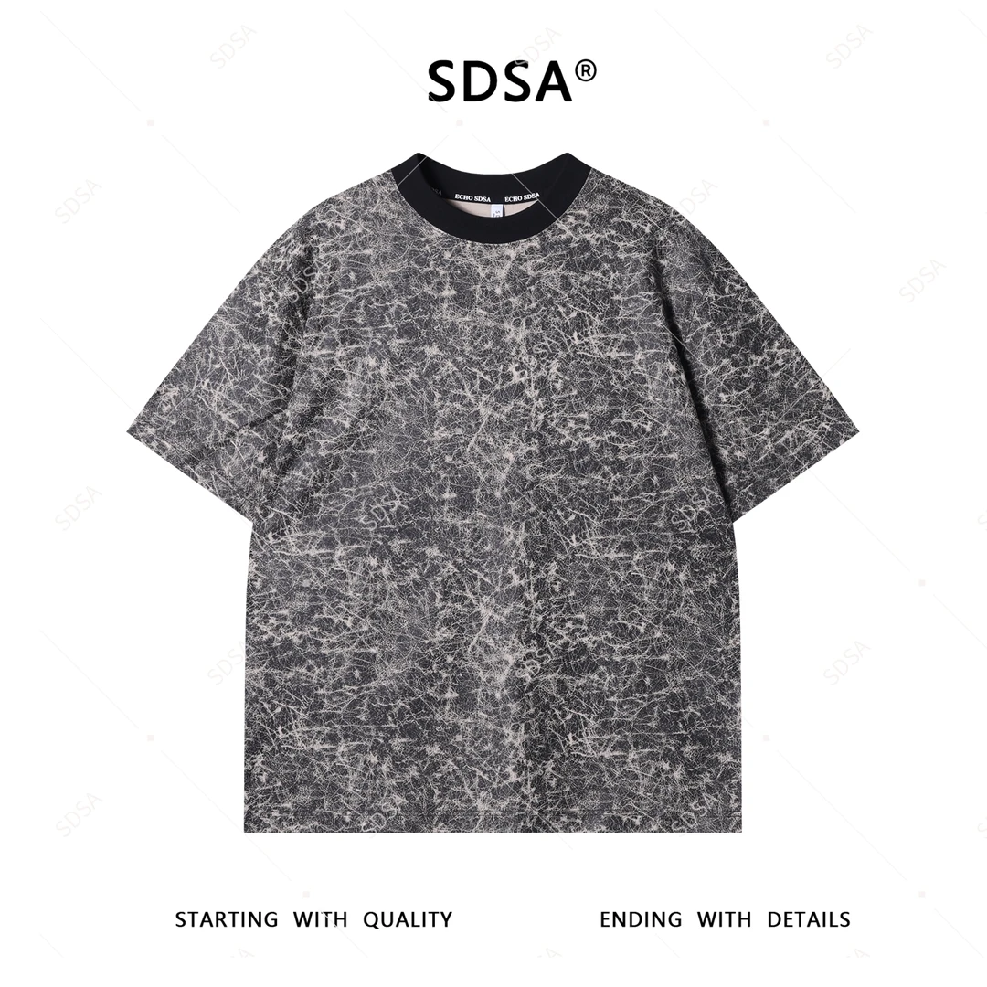 SDSA夏季新款男士痞帅美式撞色裂纹设计圆领短袖T恤宽松休闲时尚