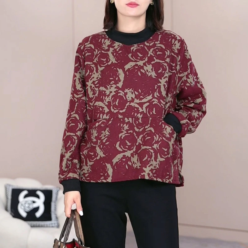 7823【火袖】时尚秋冬新款半高领印花保暖打加绒上衣女