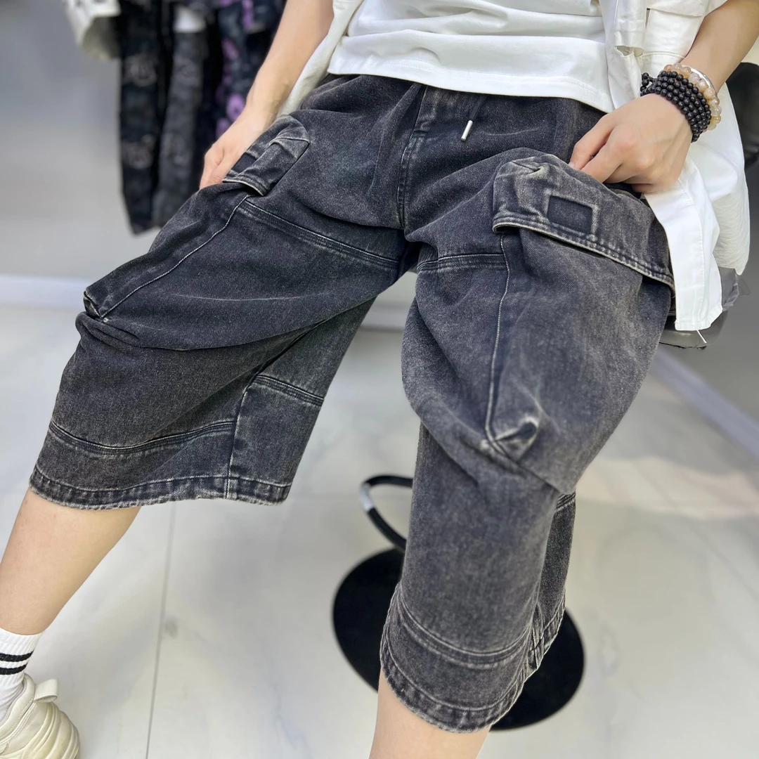 潮牌春夏新款复古炒色做旧松紧腰工装裤七分裤