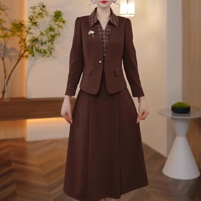 晨薇格子拼接套装裙女2025新款显瘦干练职业装衬衫领连衣裙两件套