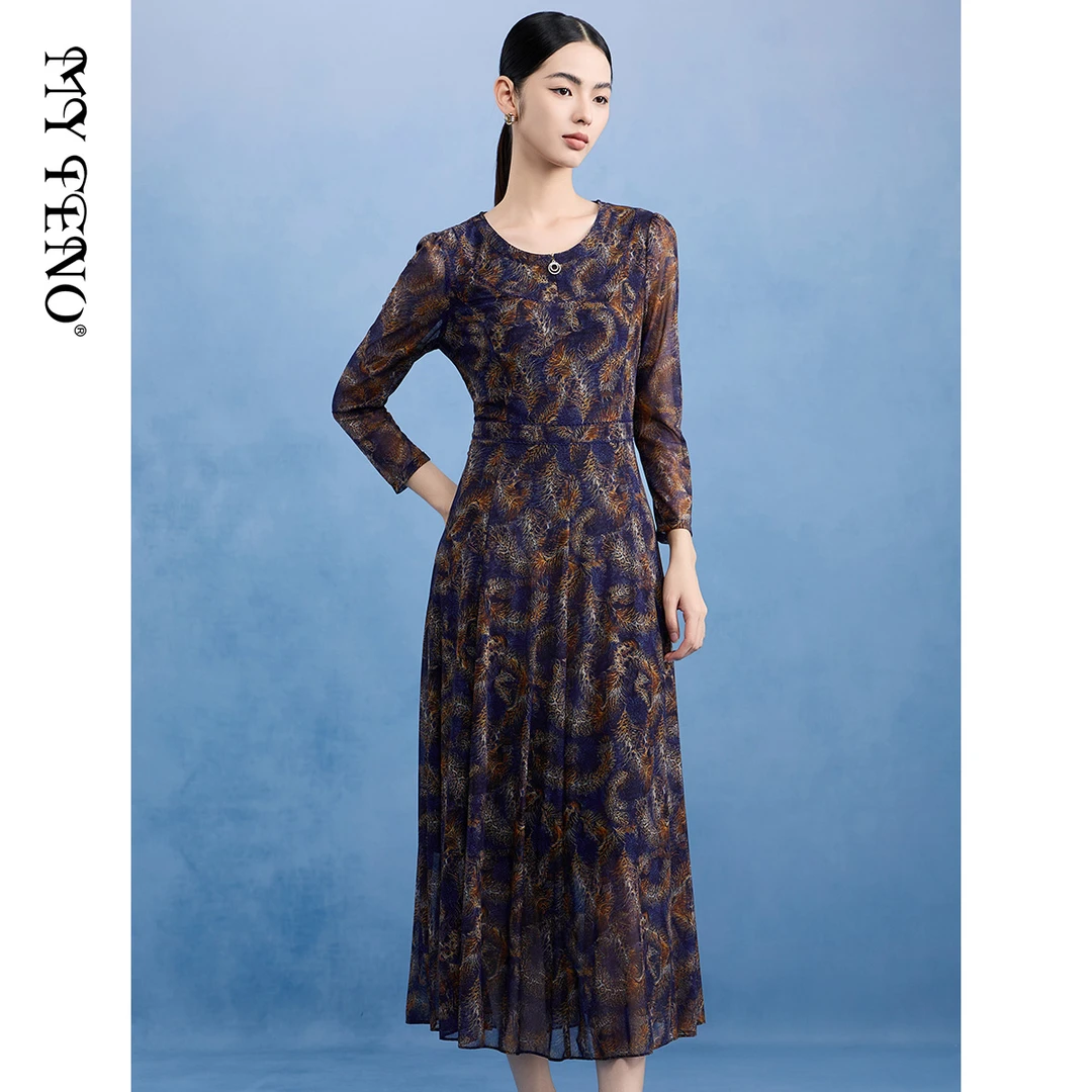 【福利专属】印花网布连衣裙收腰气质长裙轻熟裙子VDSD02DRX0