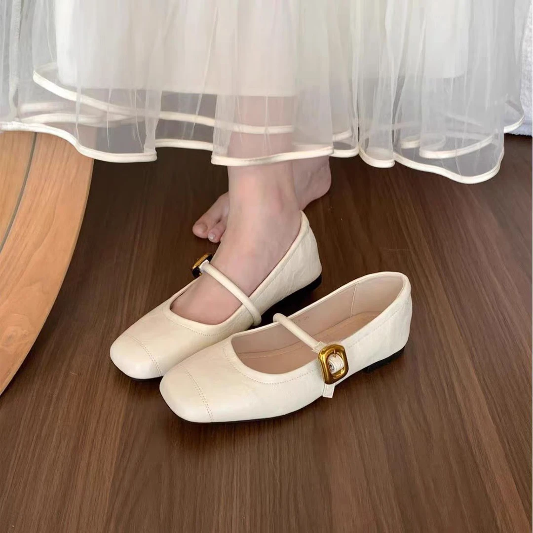 C6122 米白色  时尚低跟方头气质玛丽珍浅口女单鞋