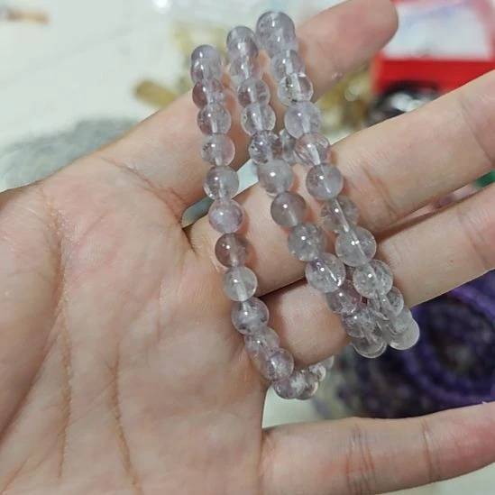 水晶手串未镶嵌6mm3圈淡灰色啊赛水晶